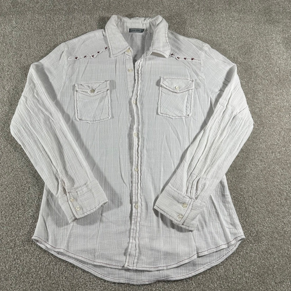 Pop Icon Womens XL White Gauze Cotton Button Down Shirt Western Red Stitching
